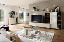 Lowboard >SANTERNO< 2 Schübe, 80 Zoll, Soft withe / Viking Eiche Dekor - 210x44x50 (BxHxT)