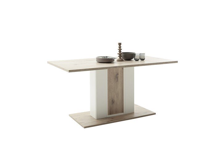 Säulen-Esstisch >SANTERNO< in Viking Eiche Dekor / Soft withe - 160x77x90 (BxHxT)