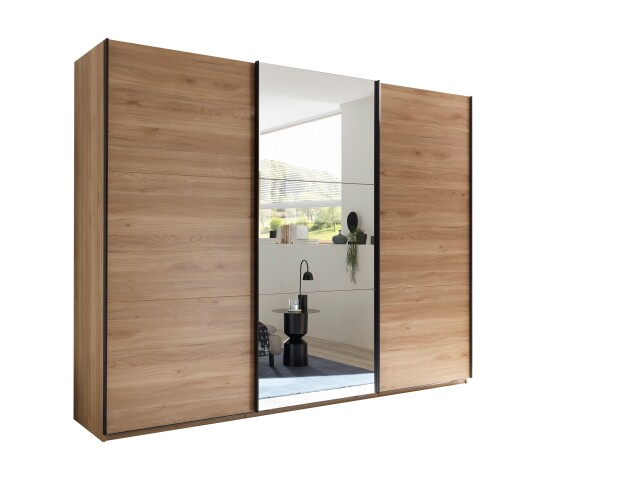 Schiebetürenschrank >Bravo< 3 Türen, Spiegel / Mauvella Eiche Dekor / Graphit - 270x210x60 (BxHxT)
