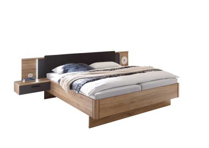 Bettanlage >Aschau< LED, 2 Schübe, Mauvella Eiche Dekor / Graphit - 305x93x210cm (BxHxT)