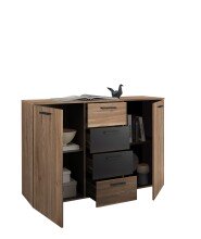 Sideboard >Aschau< 2 Türen, 4 Schübe, Mauvella Eiche Dekor/ Graphit - 140x89x38cm (BxHxT)