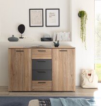 Sideboard >Aschau< 2 Türen, 4 Schübe, Mauvella Eiche Dekor/ Graphit - 140x89x38cm (BxHxT)