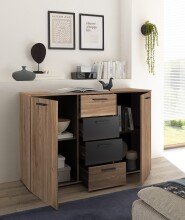 Sideboard >Aschau< 2 Türen, 4 Schübe, Mauvella Eiche Dekor/ Graphit - 140x89x38cm (BxHxT)