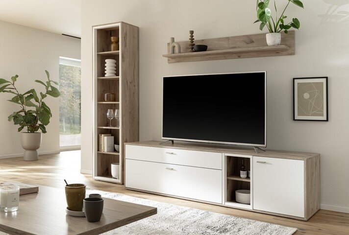 Wohnwand >SANTERNO< (3-teilig) in weiss / Eiche Dekor - 264x197x50 (BxHxT)