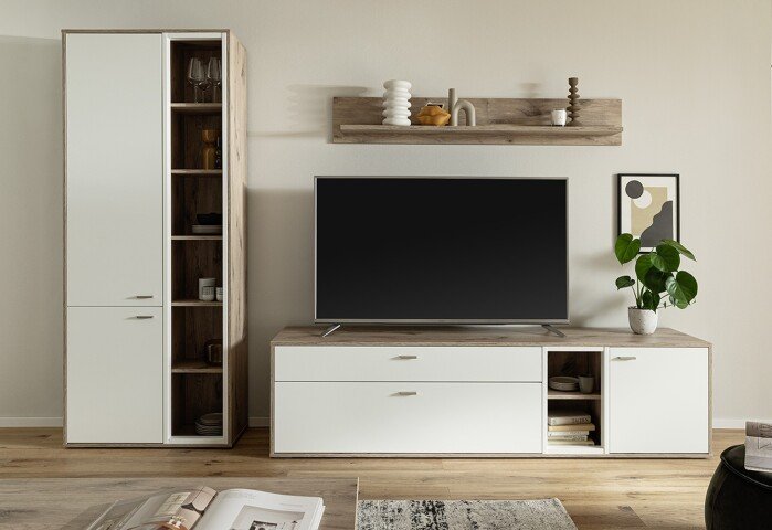 Wohnwand >SANTERNO< (3-teilig) in Soft weiss / Eiche Dekor - 292x197x50 (BxHxT)