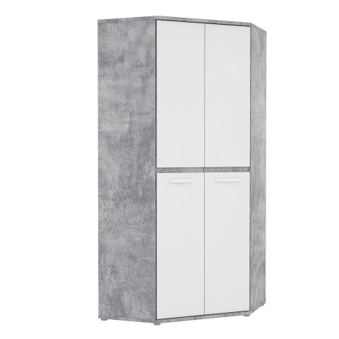 Eckkleiderschrank >CANMORE< 2 Stangen, 4 Böden, Betonoptik / Hochglanz Weiß - 92x201,5x92cm B/H/T