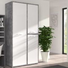 Drehtürenschrank >CANMORE< 7 Fächer, Betonoptik / Hochglanz Weiß - 99,5x201,5x52,2cm (B/H/T)