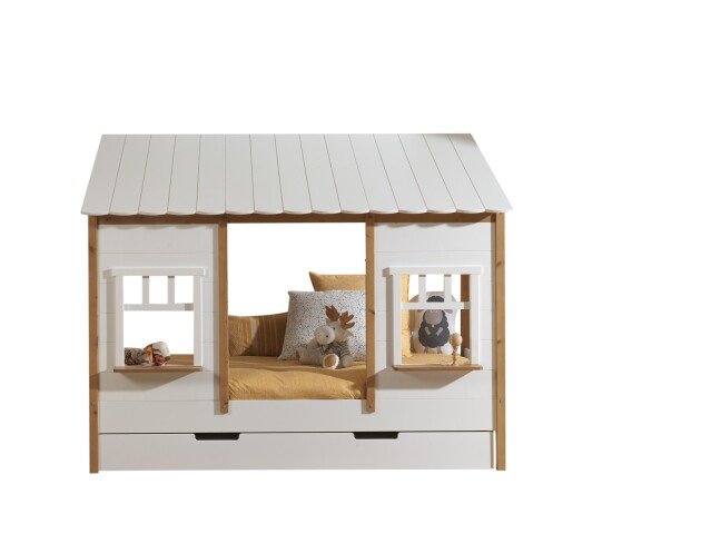 Hausbett >BABS< Lattenrost, teilmassiv eichfarbig / weiss - 214,2x174x105,3cm (BxHxT)