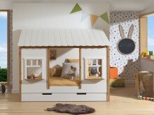 Hausbett >BABS< Lattenrost, teilmassiv eichfarbig / weiss - 214,2x174x105,3cm (BxHxT)