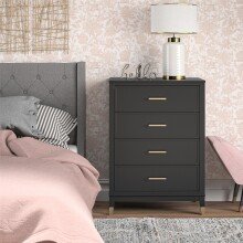 Hochkommode >Bendik< 4 Schübe, in Schwarz, MDF / Kautschukholz - 76x106x50cm (BxHxT)