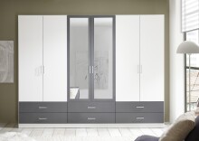 Drehtürenschrank >Janne< 6 Schübe, 6 Türen, Weiß / Graphit / 2x Spiegel - 272x211x55cm (BxHxT)
