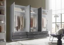 Drehtürenschrank >Janne< 6 Schübe, 6 Türen, Weiß / Graphit / 2x Spiegel - 272x211x55cm (BxHxT)
