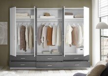 Drehtürenschrank >Janne< 6 Schübe, 6 Türen, Weiß / Graphit / 2x Spiegel - 272x211x55cm (BxHxT)
