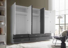 Drehtürenschrank >Janne< 6 Schübe, 6 Türen, Weiß / Graphit / 2x Spiegel - 272x211x55cm (BxHxT)