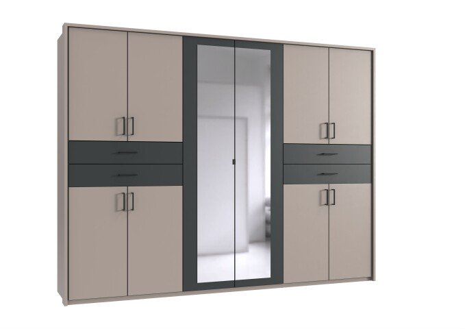Drehtürenschrank >Taiga< 4 Schübe, 10 Türen, Spiegel, Saharagrau / Graphit - 270x208x58cm BxHxT
