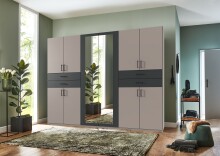 Drehtürenschrank >Taiga< 4 Schübe, 10 Türen, Spiegel, Saharagrau / Graphit - 270x208x58cm BxHxT