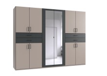 Drehtürenschrank >Taiga< 4 Schübe, 10 Türen, Spiegel, Saharagrau / Graphit - 270x208x58cm BxHxT