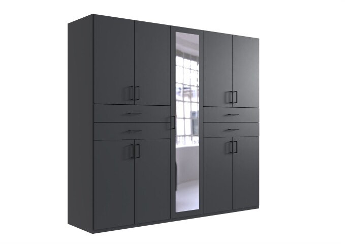 Drehtürenschrank >Taiga< 4 Schübe, 9 Türen, Spiegel, Graphit - 225x208x58cm (BxHxT)
