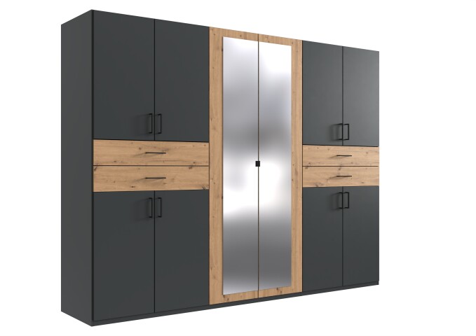 Drehtürenschrank >Taiga< 4 Schübe, 10 Türen, Graphit / Artisan Eiche Dekor - 270x208x58cm BxHxT