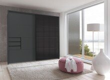 Schwebetürenschrank >Saigon< 3 Schübe, in GRPAHIT + GLAS SCHWARZ - 225x208x64cm (BxHxT)