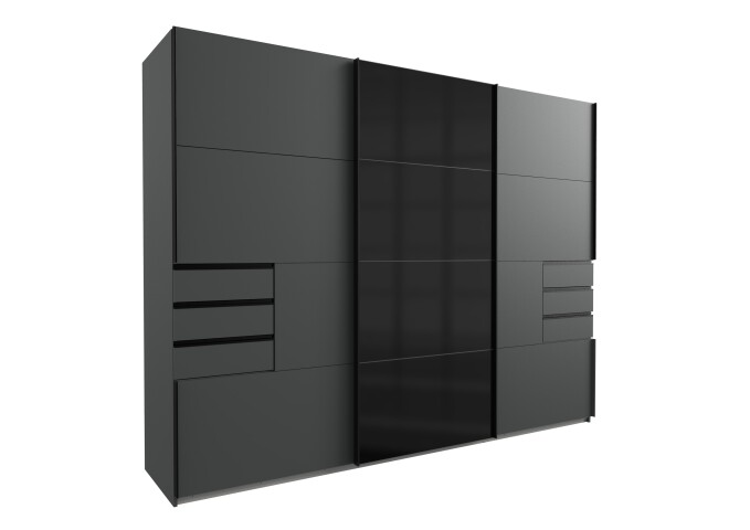 Schwebetürenschrank >Saigon< 6 Schubladen, in GRPAHIT + GLAS SCHWARZ - 270x208x64cm (BxHxT)