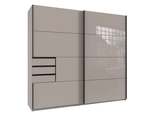 Schwebetürenschrank >Saigon< 3 Schubladen, SAHARAGRAU + GLAS SAHARAGRAU - 225x208x64 (B/H/T)