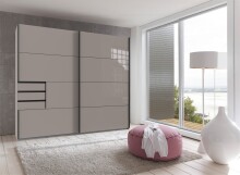 Schwebetürenschrank >Saigon< 3 Schubladen, SAHARAGRAU + GLAS SAHARAGRAU - 225x208x64 (B/H/T)