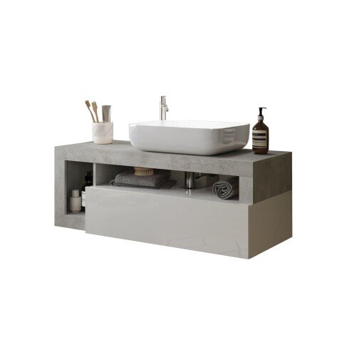 Waschtisch-Set >HAMBURG< inkl. Becken, 1 Schub, FSC, in Weiß / Beton-Optik - 110x61x49 (BxHxT)