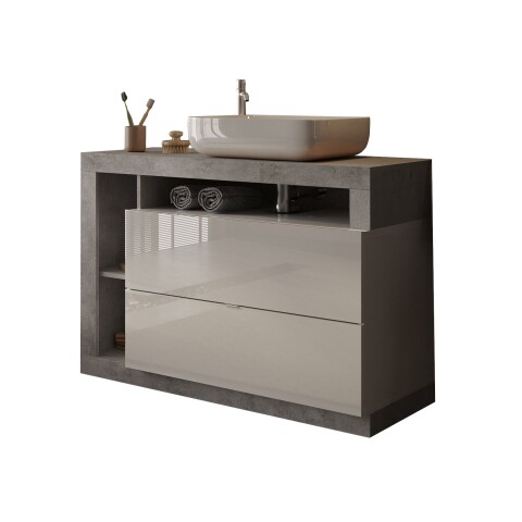 Waschtisch-Set >HAMBURG< inkl. Becken, 2 Schübe, FSC, in Weiß / Beton-Optik - 110x92x49 (BxHxT)