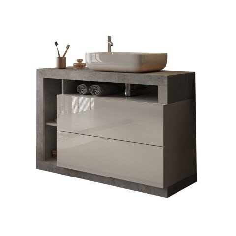Waschtisch-Set >HAMBURG< inkl. Becken, 2 Schübe, FSC, in Weiß / Beton-Optik - 110x92x49 (BxHxT)