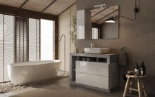 Waschtisch-Set >HAMBURG< inkl. Becken, 2 Schübe, FSC, in Weiß / Beton-Optik - 110x92x49 (BxHxT)