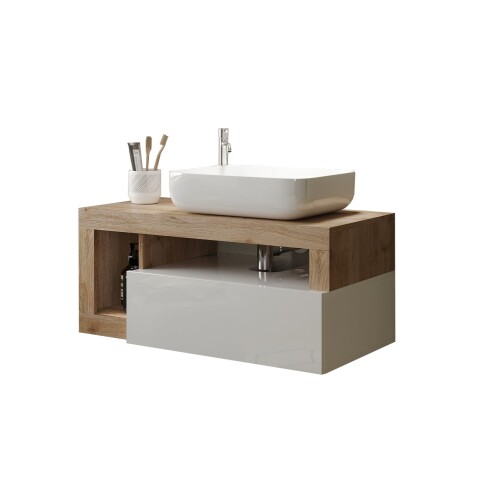 Waschtisch-Set >HAMBURG< inkl. Becken, 1 Schub, FSC, Weiß / Eiche Dekor - 92x61x49 (BxHxT)
