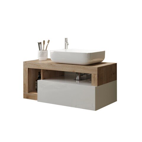 Waschtisch-Set >HAMBURG< inkl. Becken, 1 Schub, FSC, Weiß / Eiche Dekor - 92x61x49 (BxHxT)