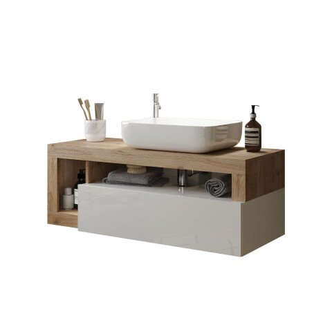 Waschtisch-Set >HAMBURG< inkl. Becken, 1 Schub, FSC, Weiß / Eiche Dekor - 110x61x49 (BxHxT)
