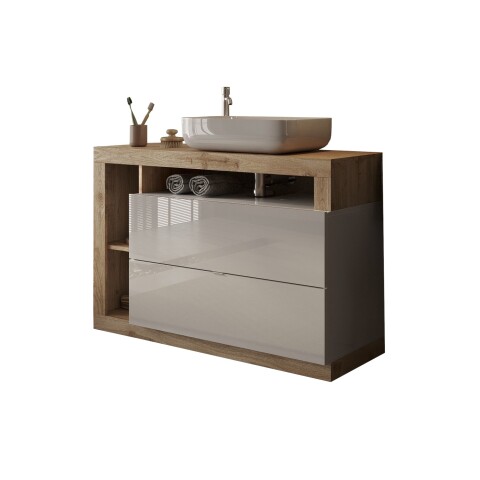 Waschtisch-Set >HAMBURG< inkl. Becken, 2 Schübe, FSC, Weiß / Eiche Dekor - 110x92x49 (BxHxT)