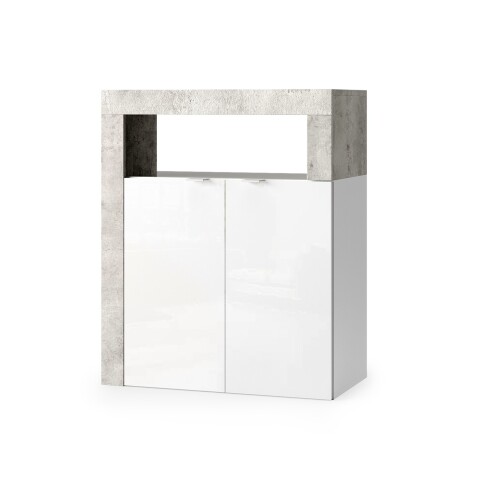 Badkommode >HAMBURG< 2 Türen, 1 Boden, FSC, in Weiß hochglanz / Beton-Optik - 64x78x35 (BxHxT)