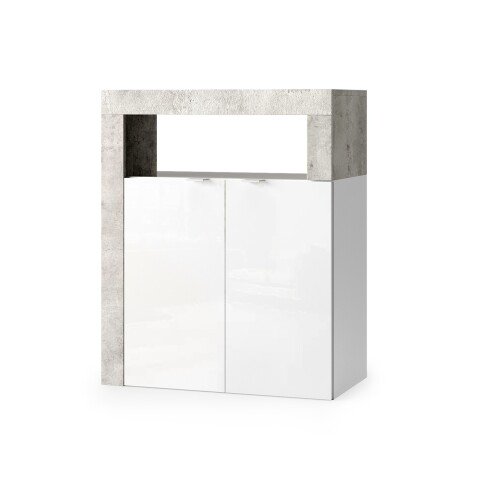Badkommode >HAMBURG< 2 Türen, 1 Boden, FSC, in Weiß hochglanz / Beton-Optik - 64x78x35 (BxHxT)