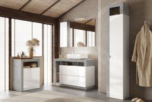 Badkommode >HAMBURG< 2 Türen, 1 Boden, FSC, in Weiß hochglanz / Beton-Optik - 64x78x35 (BxHxT)