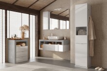 Badkommode >HAMBURG< 3 Schubladen, FSC, in Weiß hochglanz / Beton-Optik - 64x78x35 (BxHxT)