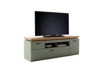 Lowboard >MONIZ< 2 Schübe, 1 Tür, Salbei grün / Eichenfarben Dekor - 156x57x44 (BxHxT)