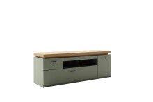 Lowboard >MONIZ< 2 Schübe, 1 Tür, Salbei grün / Eichenfarben Dekor - 156x57x44 (BxHxT)
