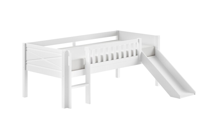 Kinderbett >Scott< Rollrost, Rutsche, 90x200cm, Weiß, Massivholz - 208x83x175cm (BxHxT)