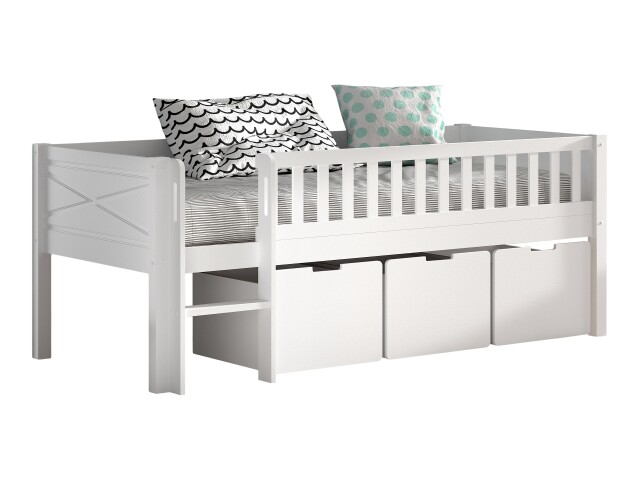 Kinderbett >Scott< Rollrost, 3 Schübe, 90x200cm, Weiß, Massivholz - 208x83x105cm (BxHxT)