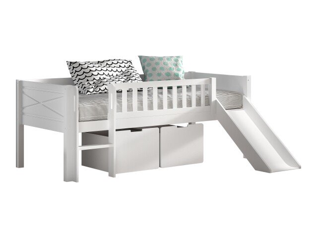 Spielbett >Scott< Rollrost, Rutsche, 90x200cm, Weiß, Massivholz - 208x83x175cm (BxHxT)