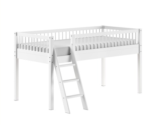 Hochbett >Buche Massiv< Rollrost, 90x200cm, Buche massiv weiß - 207,5x114x97,5 (BxHxT)
