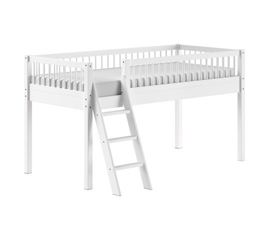 Hochbett >Buche Massiv< Rollrost, 90x200cm, Buche massiv weiß - 207,5x114x97,5 (BxHxT)
