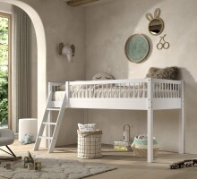 Hochbett >Buche Massiv< Rollrost, 90x200cm, Buche massiv weiß - 207,5x114x97,5 (BxHxT)