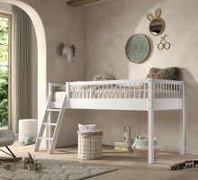 Hochbett >Buche Massiv< Rollrost, 90x200cm, Buche massiv weiß - 207,5x114x97,5 (BxHxT)