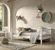Einzelbett >Buche Massiv< Rollrost, 90x200cm, Buche massiv weiß lackiert - 207,5x68x97,5 (BxHxT)