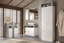 Hochschrank >HAMBURG< 2 Türen, 5 Böden, FSC, in Weiß / Beton-Optik - 64x188x35 (BxHxT)